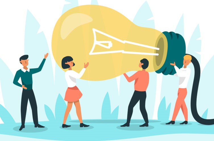 ideq-management People carrying a giant light bulb in a blue and white background