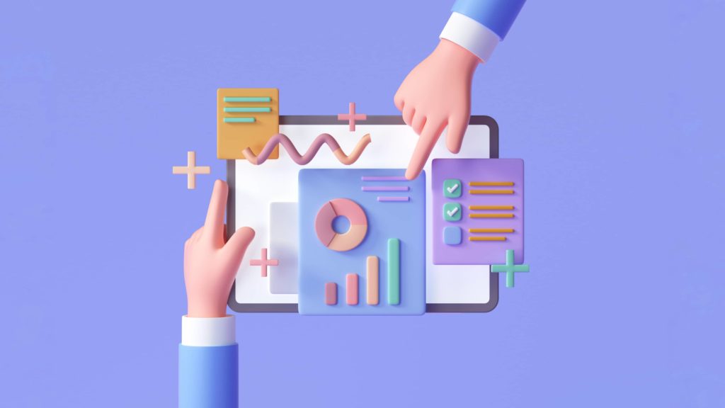 featuture Cartoon hands pointing to graphs in purple background