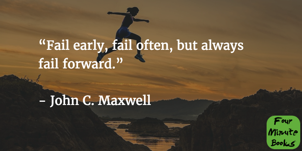 "Fail early, fail often, but always fail forward." - John C. Maxwell quote with woman jumping over cliff over sunset