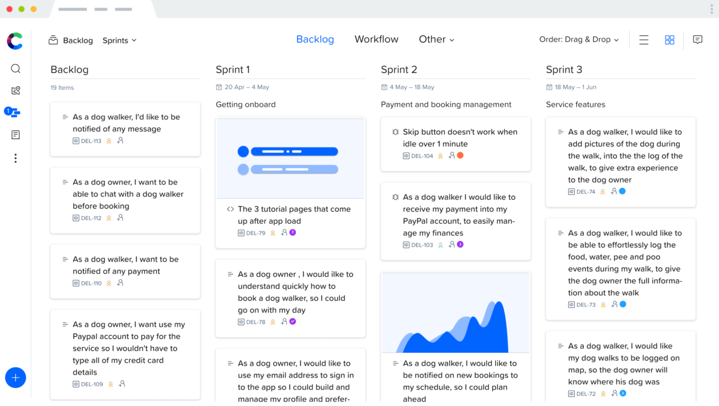 Kanban board with backlog, sprints, and user stories for dog walking app, showing tasks organized by workflow columns