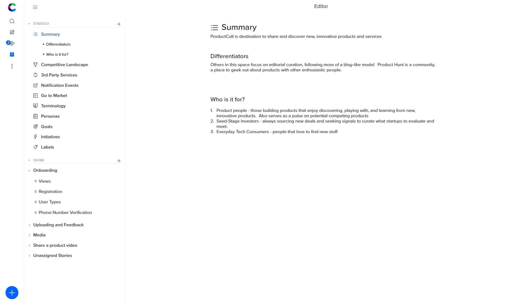 Craft.io product strategy template with section menu and summary content.