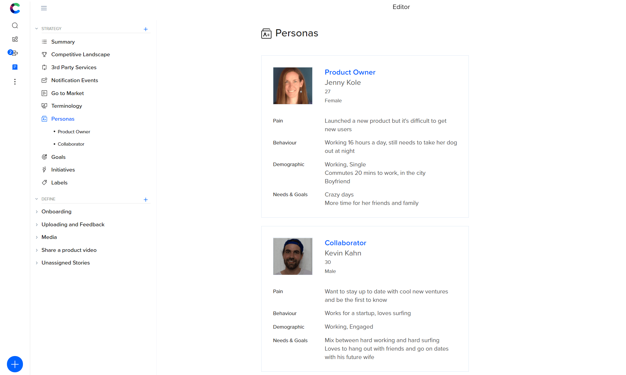 User persona template dashboard with persona examples for Product Owner and Collaborator, showing demographics, pain points, and goals.