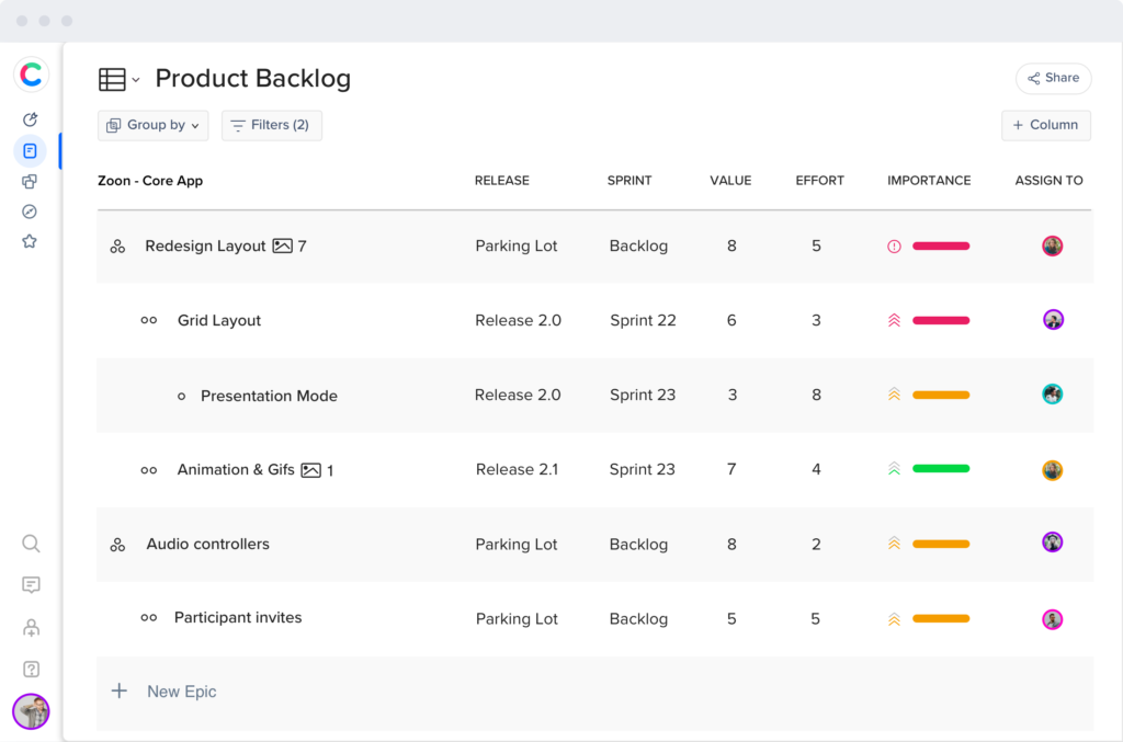 feature-1 Product backlog view displaying tasks, releases, sprints, and priorities for product features.