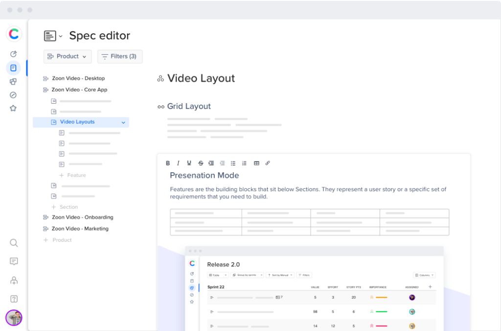 feature-2 Spec editor for writing product features, arranging product structure, and linking stories