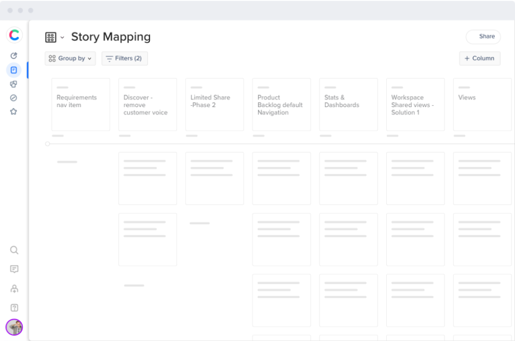 feature-3 Story mapping board visualizing product features, hierarchy, and user journeys in software