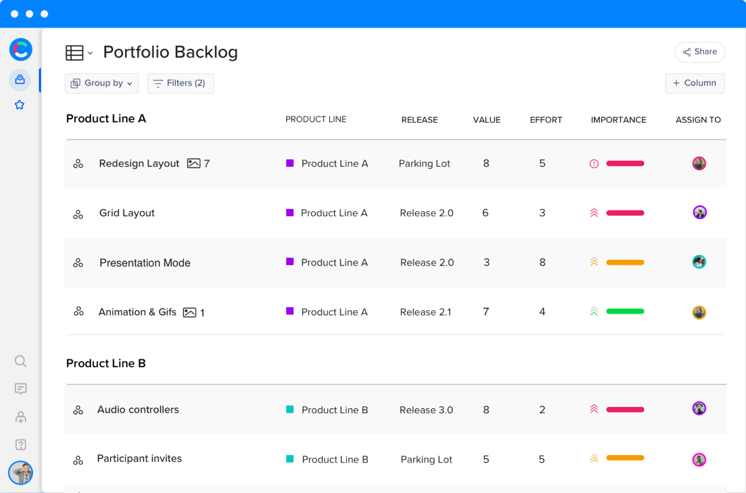 Portfolio Backlog Craft.io Portfolio Backlog screenshot