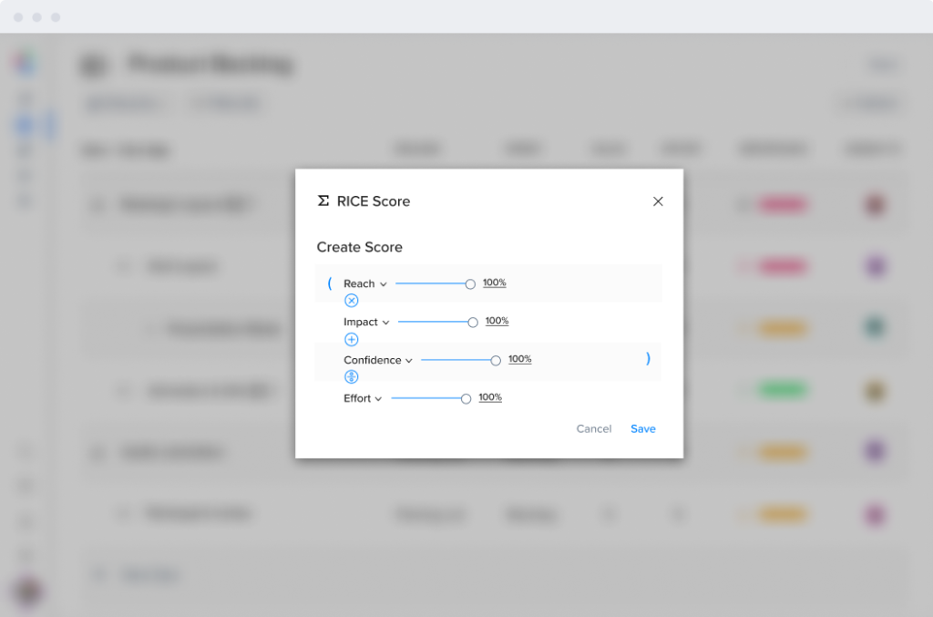 prior2 Custom prioritization method using formula builder in product prioritization tool.