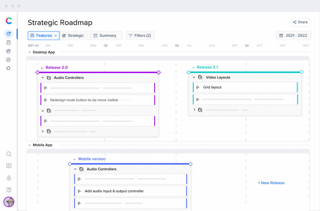 Craft.io roadmapping software showing a product roadmap with features, releases, and timeline filters