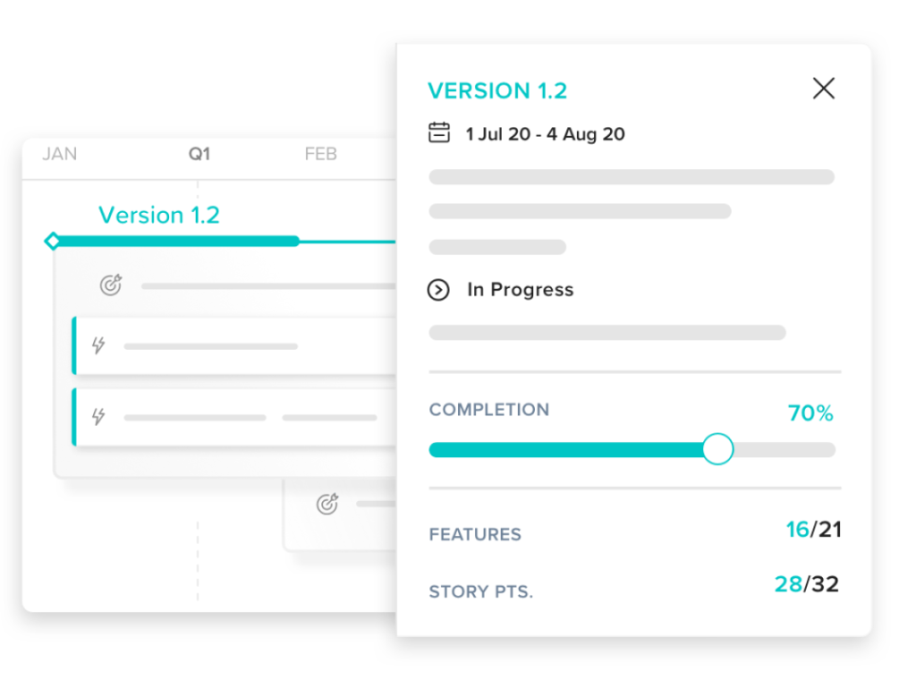 roadmap2-w-shadow progress tracker showing roadmap item status, completion percentage, and feature breakdown