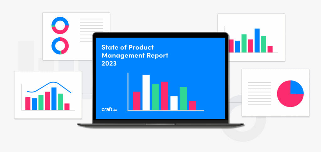 Report Blog "State of product management report 2023" written on computer screen with blue background
