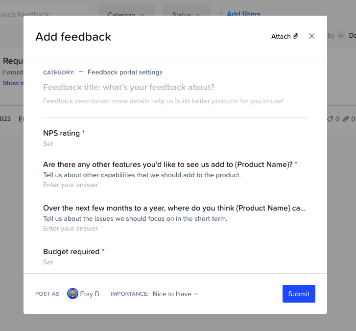 Add feedback form in Craft.io with fields for NPS rating, feature requests, priorities, and budget input