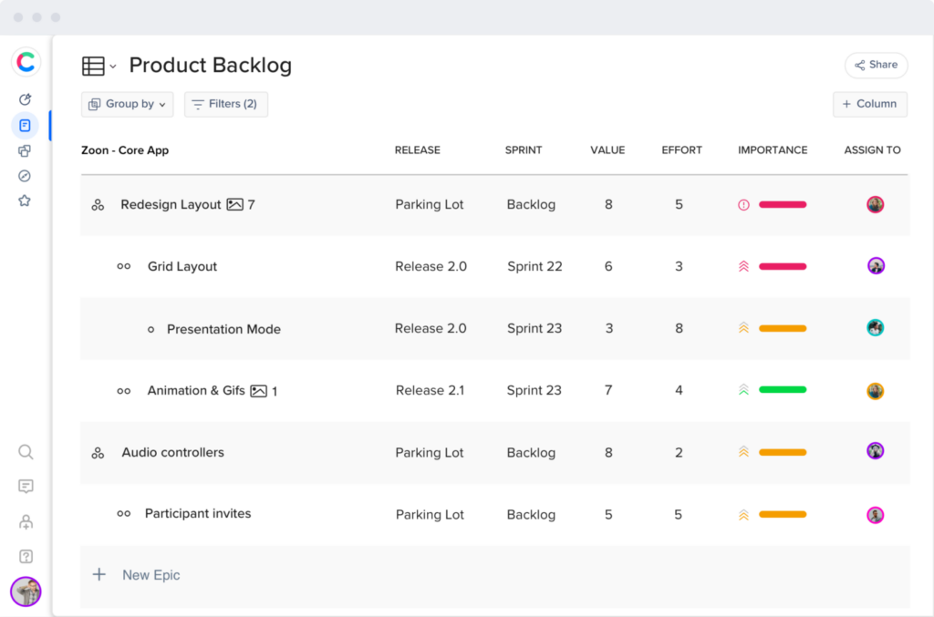 Craft.io product backlog view showing tasks, sprints, value, effort, importance, and team assignments