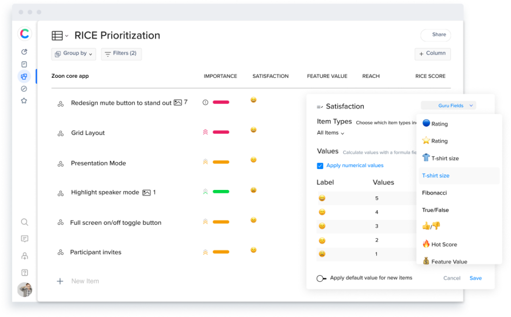 RICE Prioritization workflow board showing tasks and stages for software product operations management