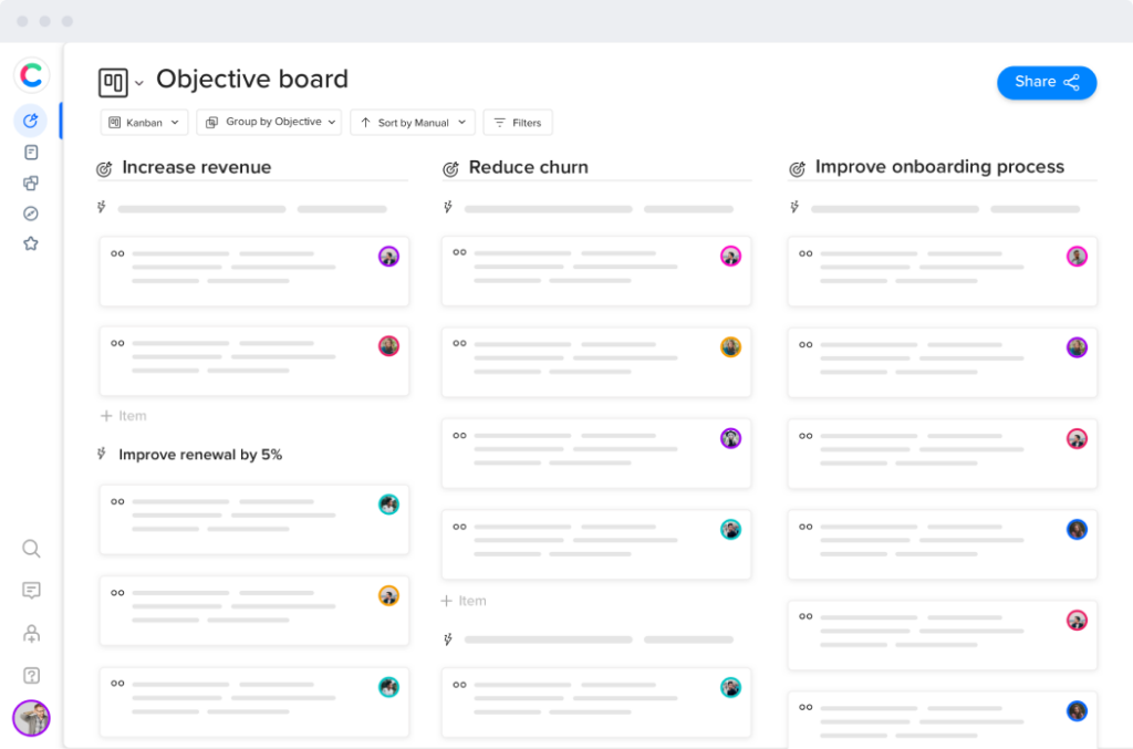 Craft.io objective board showing goals like increase revenue, reduce churn, and improve onboarding