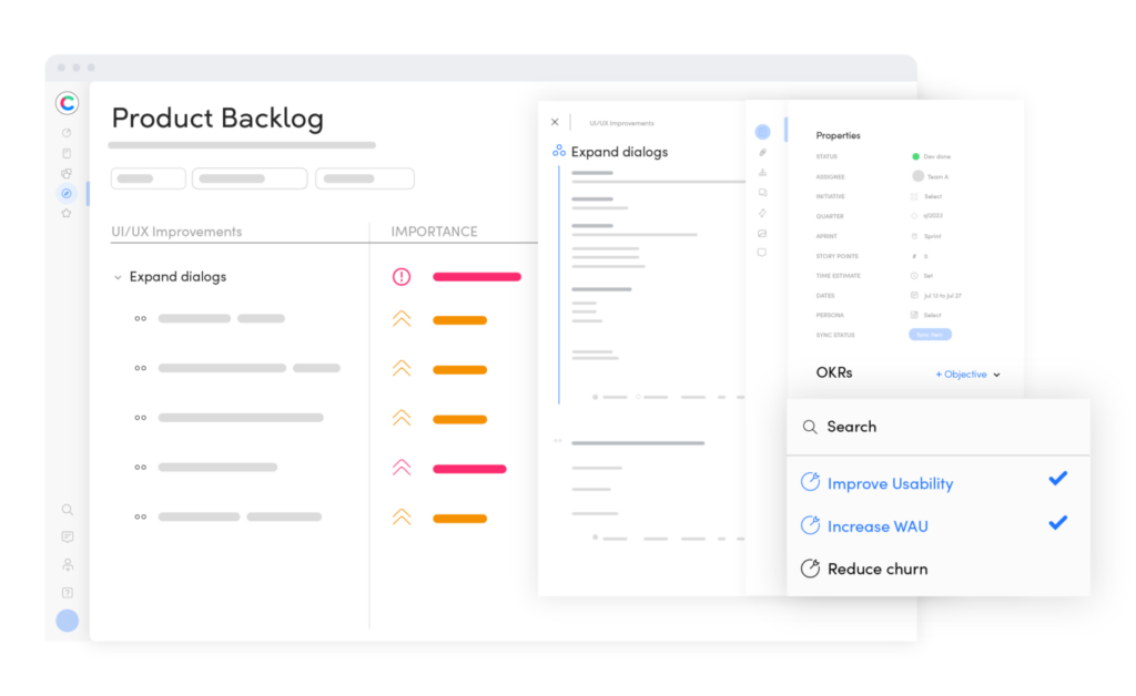Product backlog view with prioritized tasks linked to OKRs for usability, WAU growth, and churn reduction