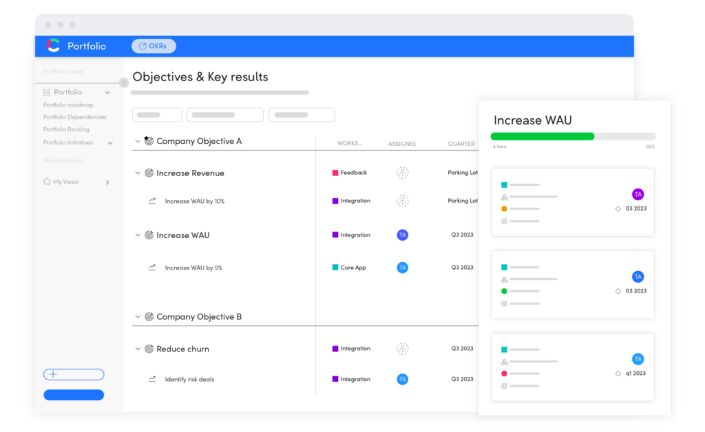 OKR software dashboard showing objectives, key results, and progress tracking for increasing WAU