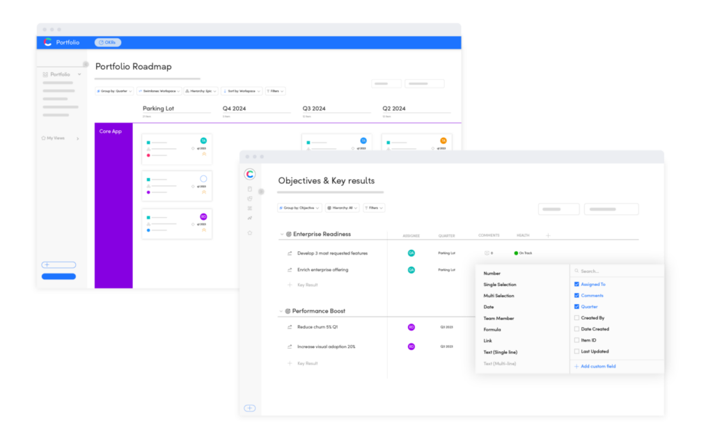 OKR software portfolio roadmap and objectives view with progress tracking across multiple quarters.