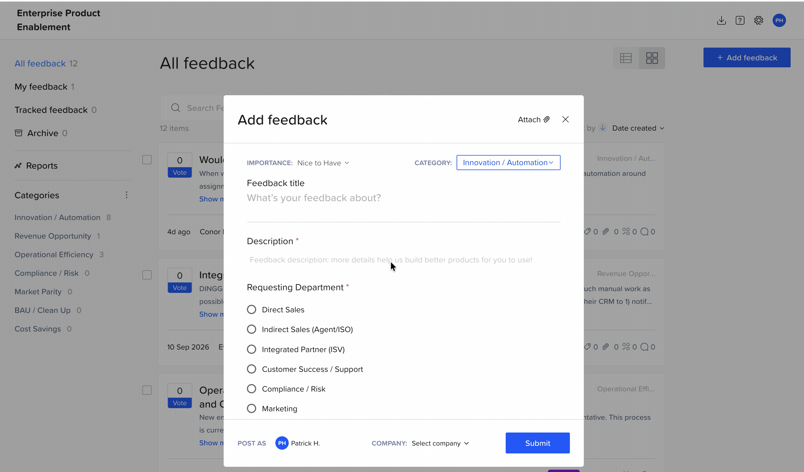 Payroc’s Feedback Portal in Craft.io with the Add feedback form